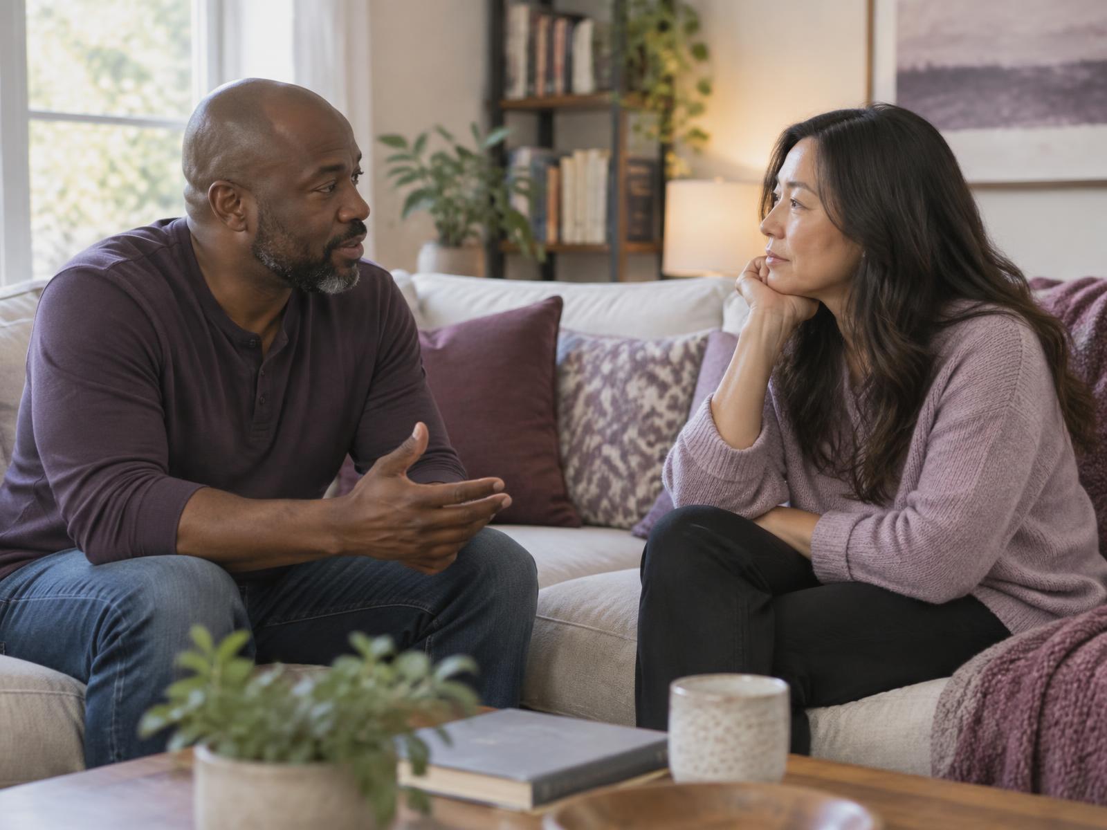 A middle-aged couple listening to each other during a conversation at home
