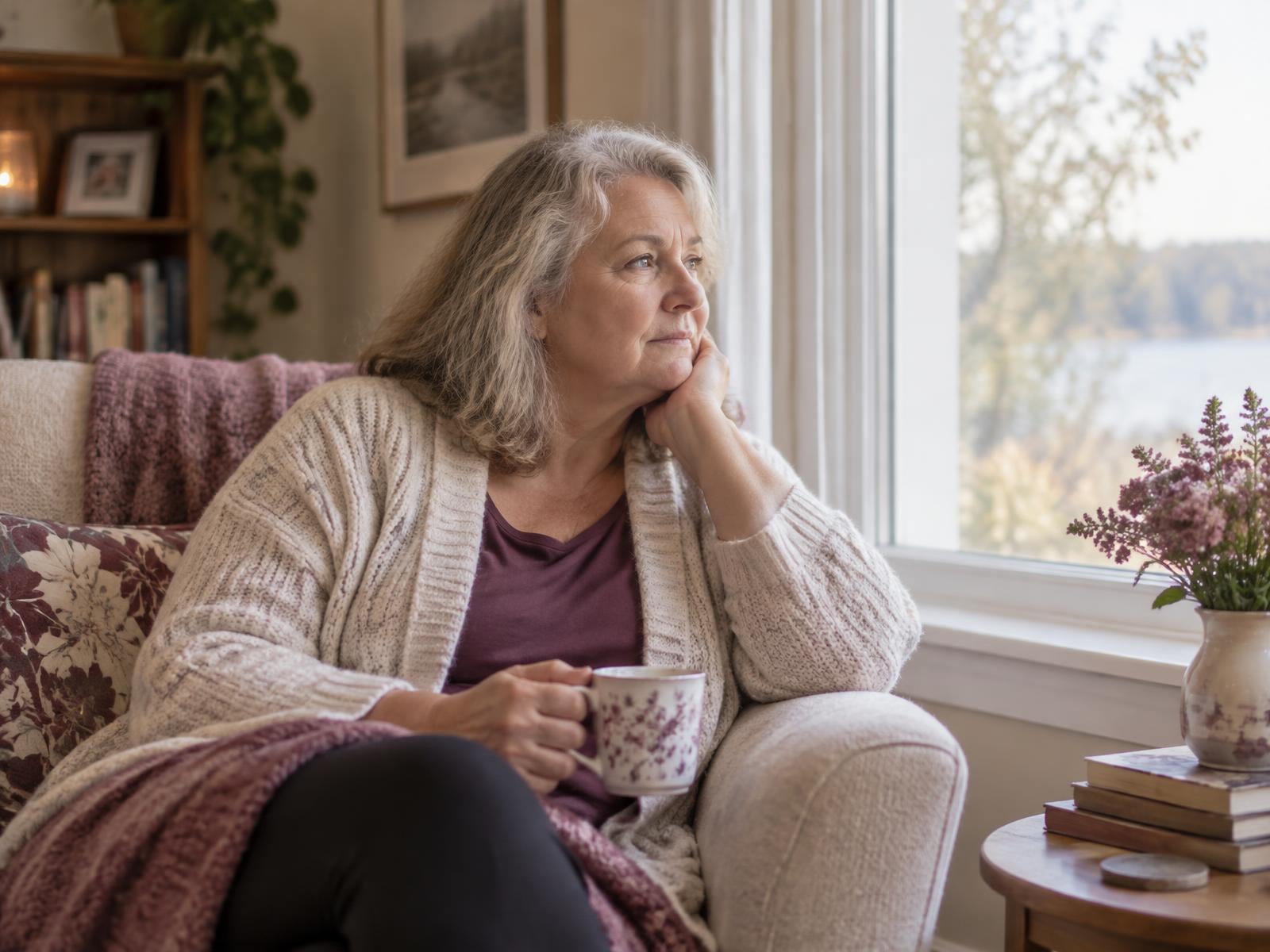 A woman sitting quietly beside a window in soft natural light