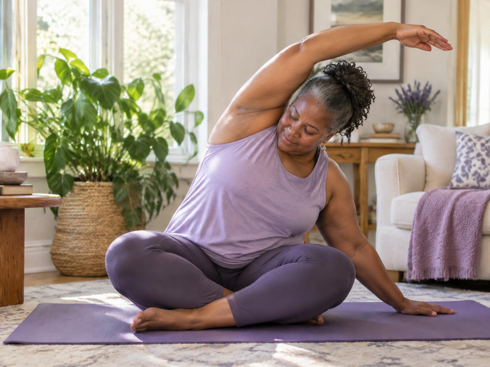 A woman practicing a gentle seated yoga stretch at home