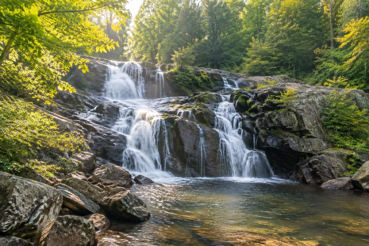 Sunlit forest waterfall over natural rocks in Maryland